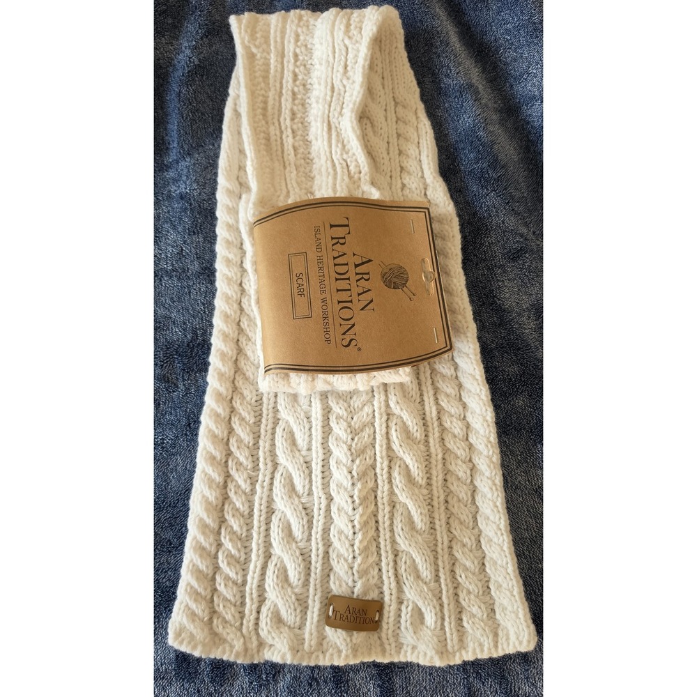 Aran Traditions White Cable Knit Scarf Acrylic 30in Rectangle